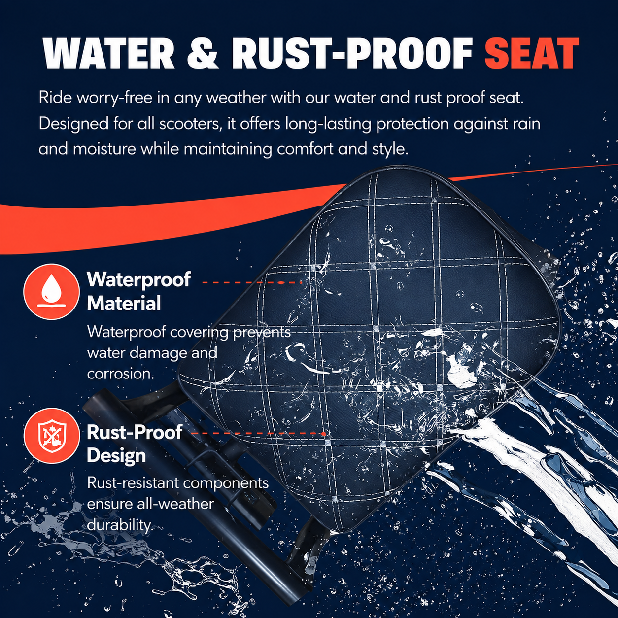 Water and rust proof kids scooter seat - waterproof covering and rust resistant frame