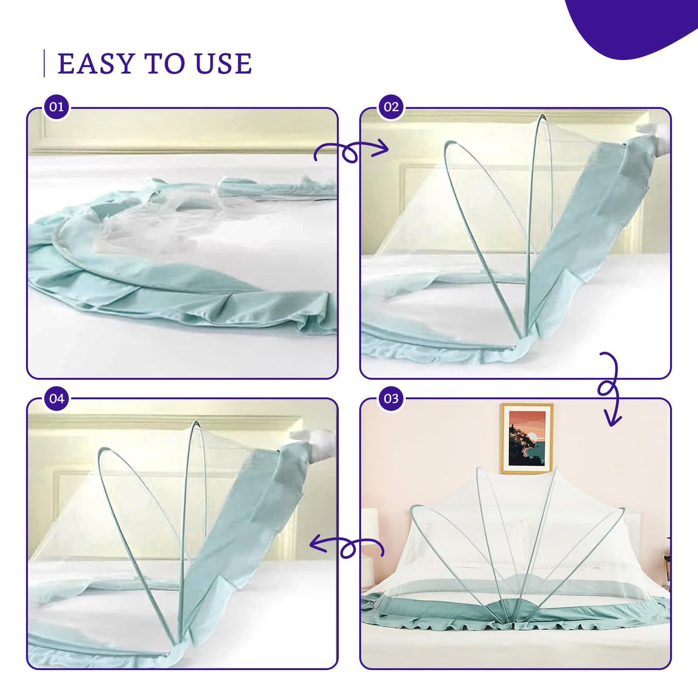 Four steps showing the SleepSafe net popping open and twisting flat