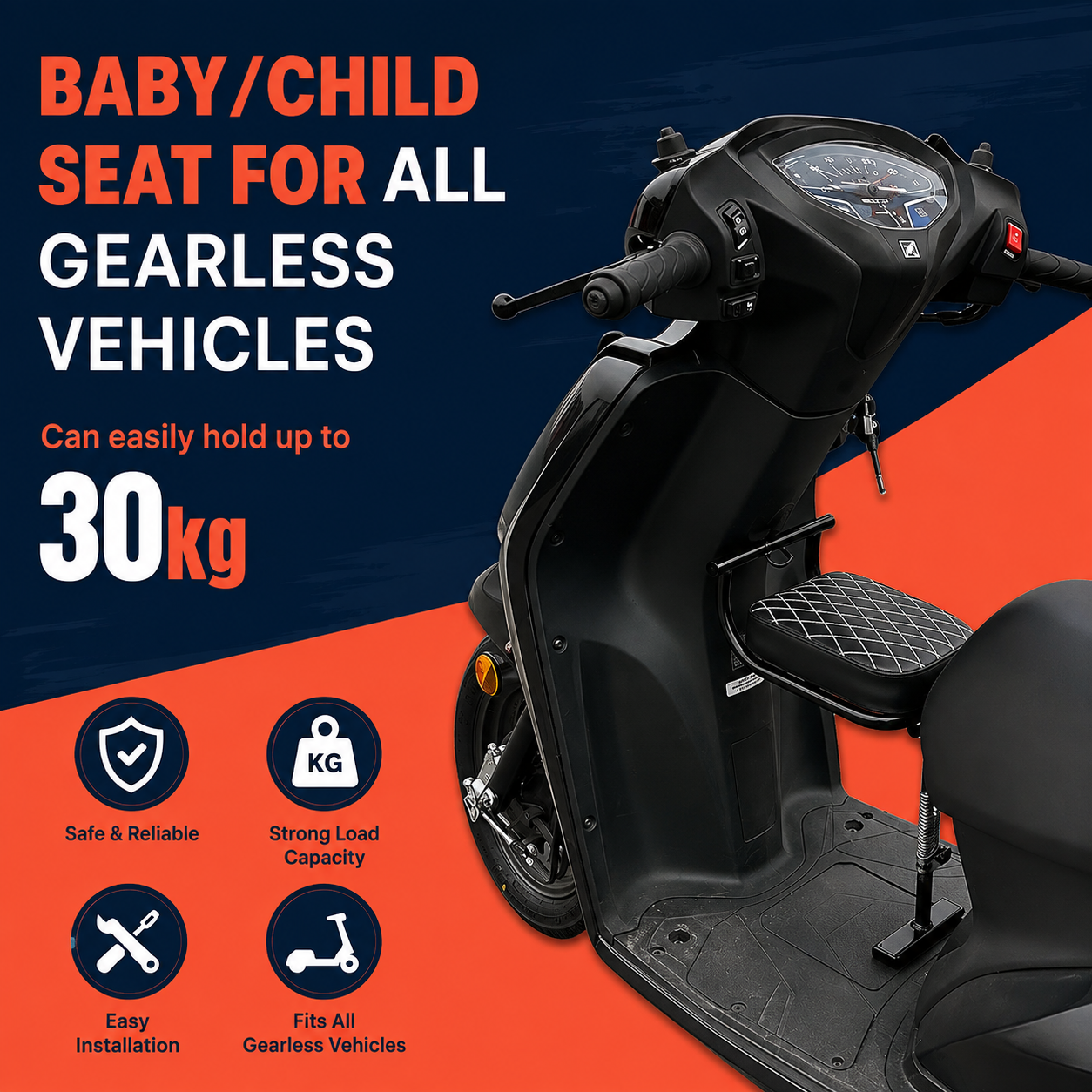 Kids scooter seat fitted on a gearless scooter footboard, holds up to 30 kg