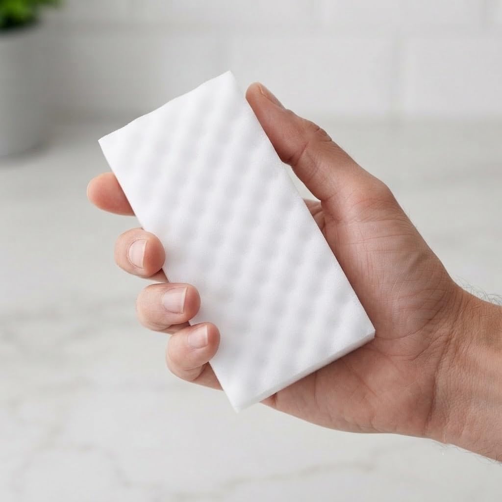 Palm-sized melamine magic sponge held in hand