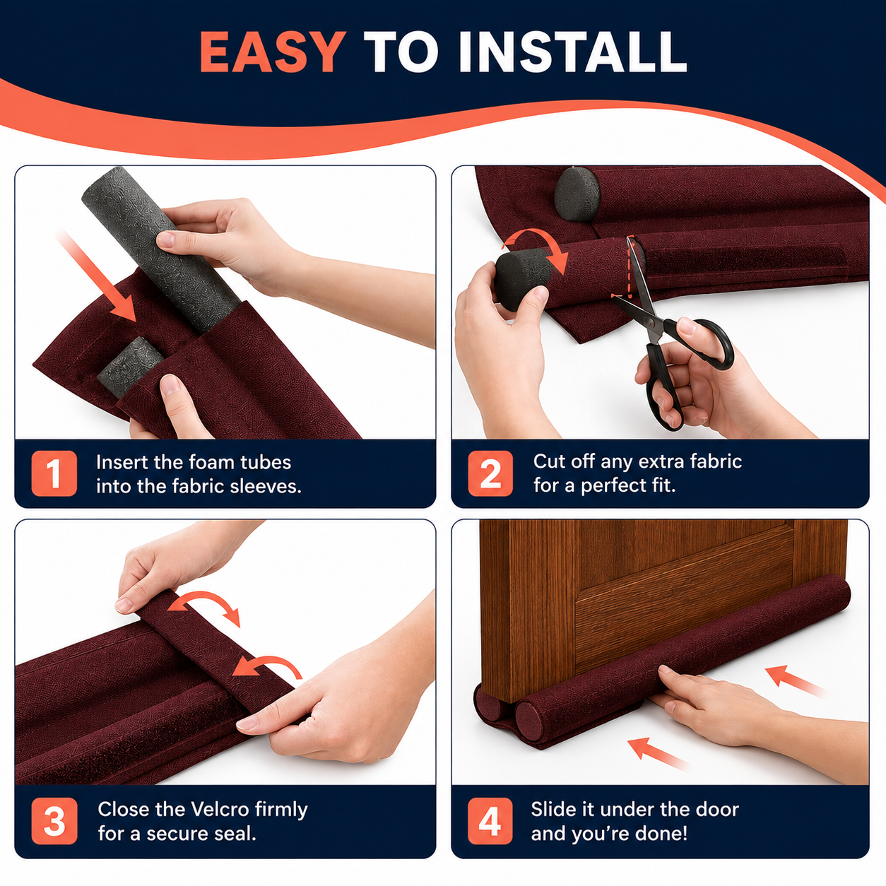Four step GapGuard installation: insert foam tubes, trim to fit, close the velcro, slide under the door