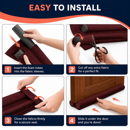 Four step GapGuard installation: insert foam tubes, trim to fit, close the velcro, slide under the door