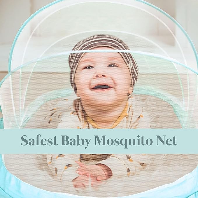 Baby smiling safely under the SleepSafe mosquito net