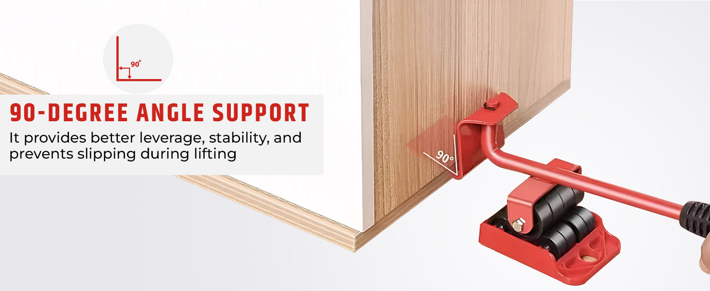 Steel lifter bar wedged under a cabinet edge to lift it with leverage