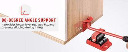 Steel lifter bar wedged under a cabinet edge to lift it with leverage