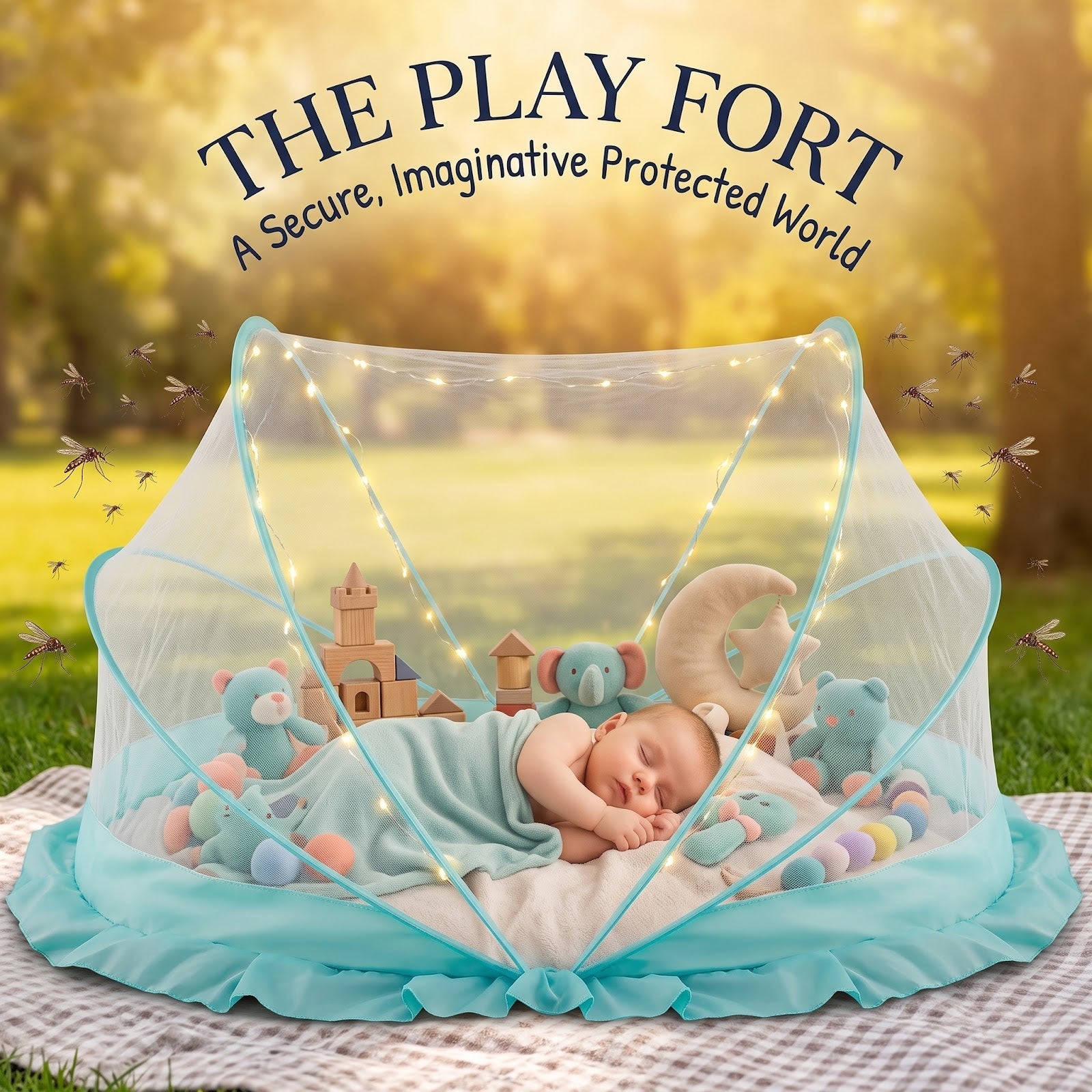 SleepSafe net used outdoors as a protected play fort with toys inside