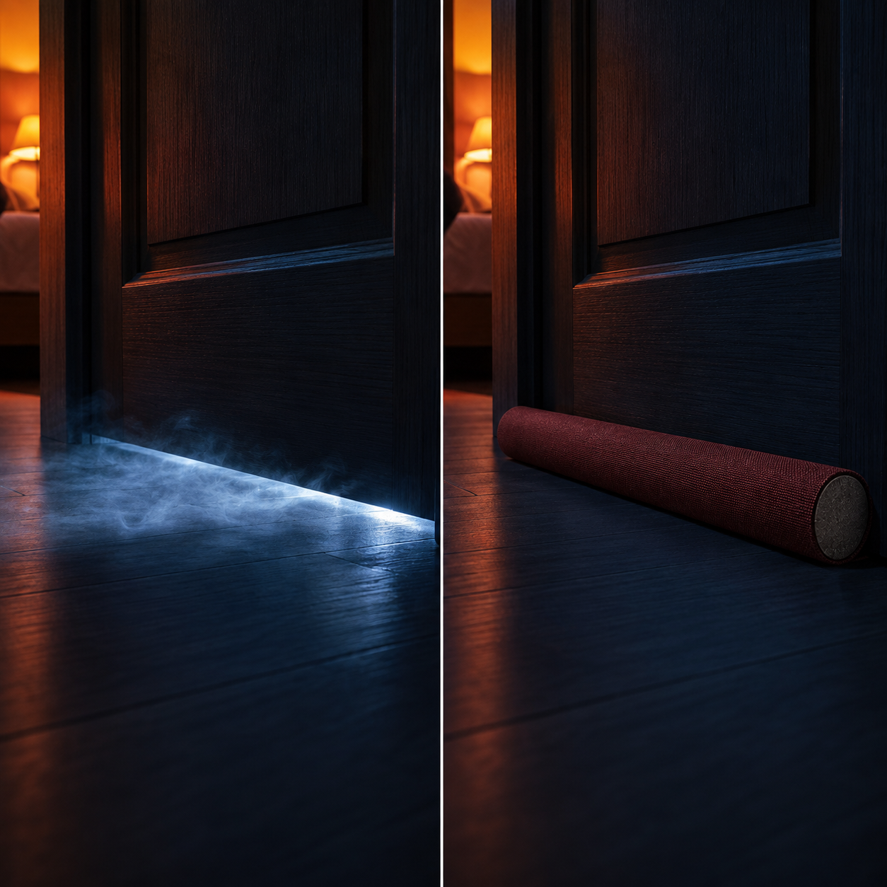 Before and after: light and air leaking under a door versus the gap sealed with GapGuard