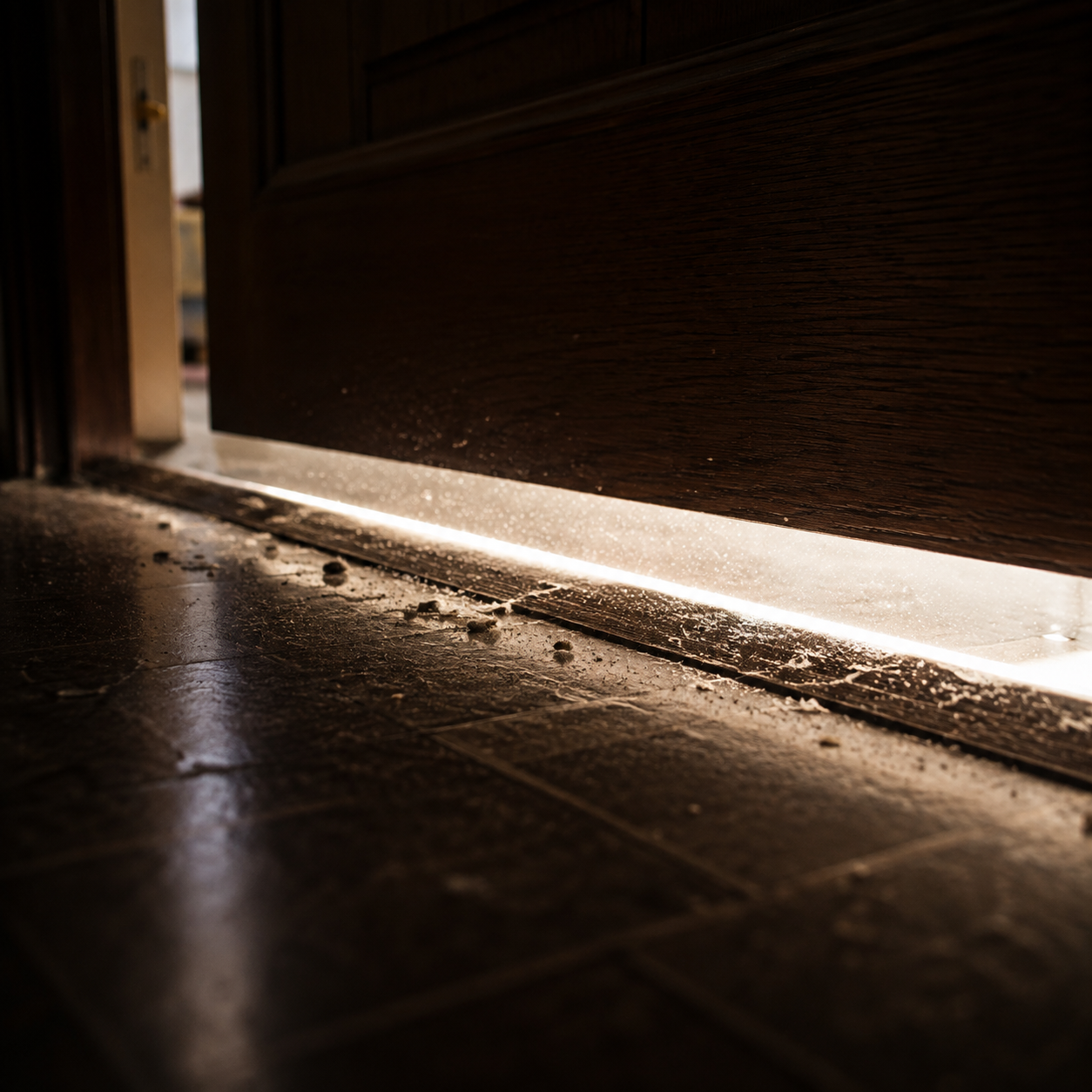 Corridor dust collecting in a line along the gap under a closed door
