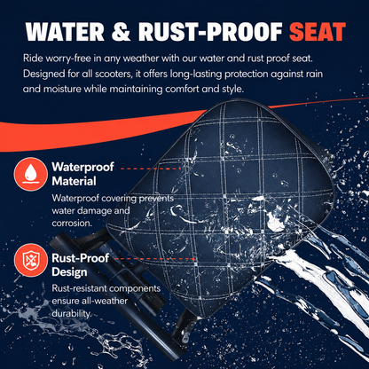 Water and rust proof kids scooter seat - waterproof covering and rust resistant frame