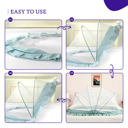 Four steps showing the SleepSafe net popping open and twisting flat