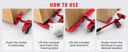 Slide the lifter bar under the furniture edge and press down - no strain on your back