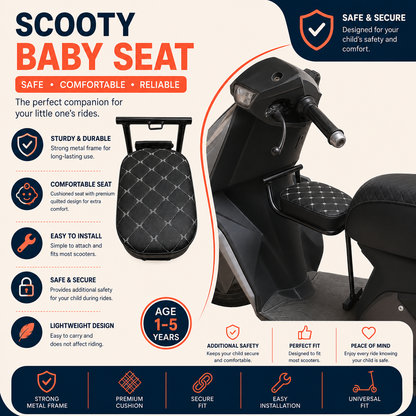 Kids scooter seat features - strong metal frame, premium cushion, secure fit, universal fit, age 1-5 years