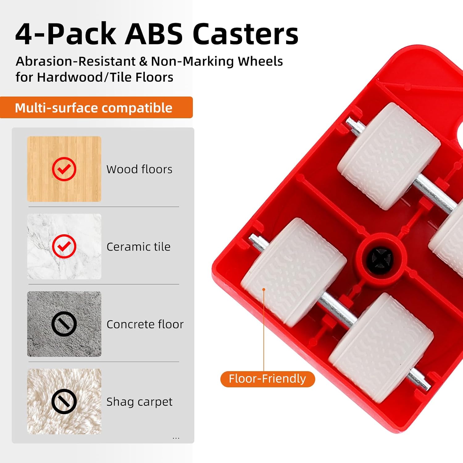 Four ABS mover pads with non-marking wheels - safe on wood floors and ceramic tile