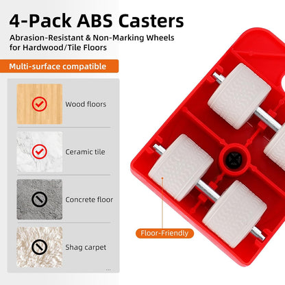 Four ABS mover pads with non-marking wheels - safe on wood floors and ceramic tile