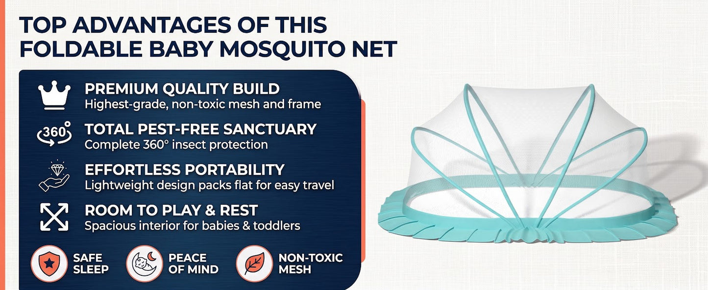 Top advantages of the SleepSafe foldable baby mosquito net – premium build, 360° protection, portability, room to play