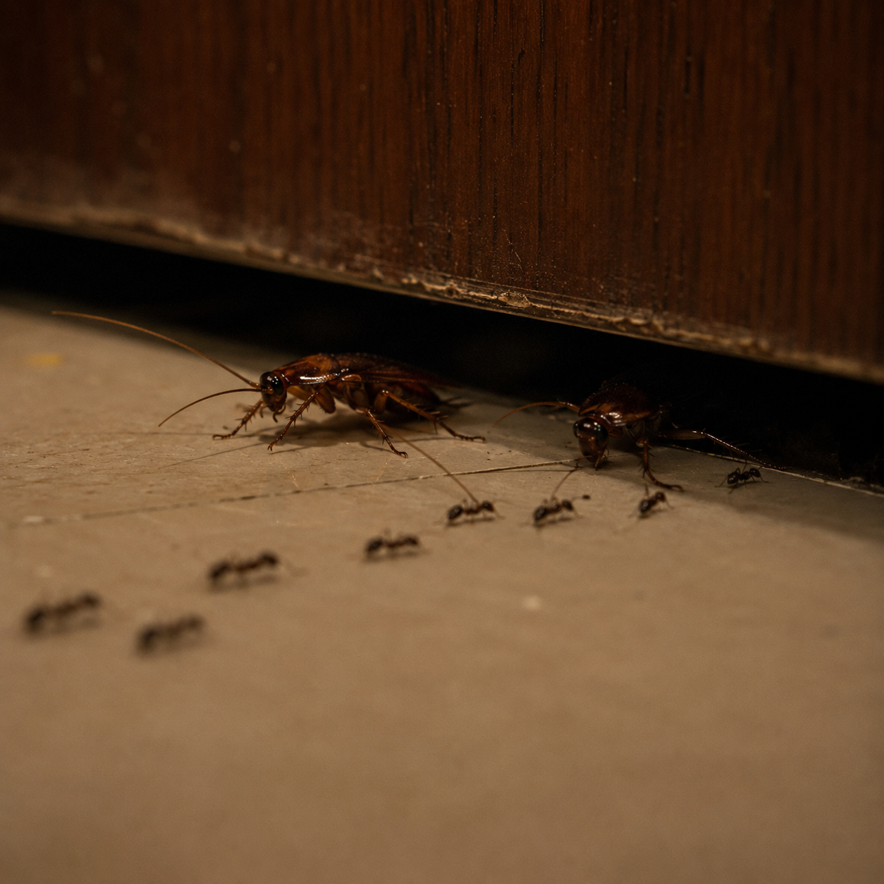 Cockroach and ants walking into a room through the gap under a closed door