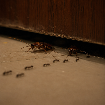 Cockroach and ants walking into a room through the gap under a closed door