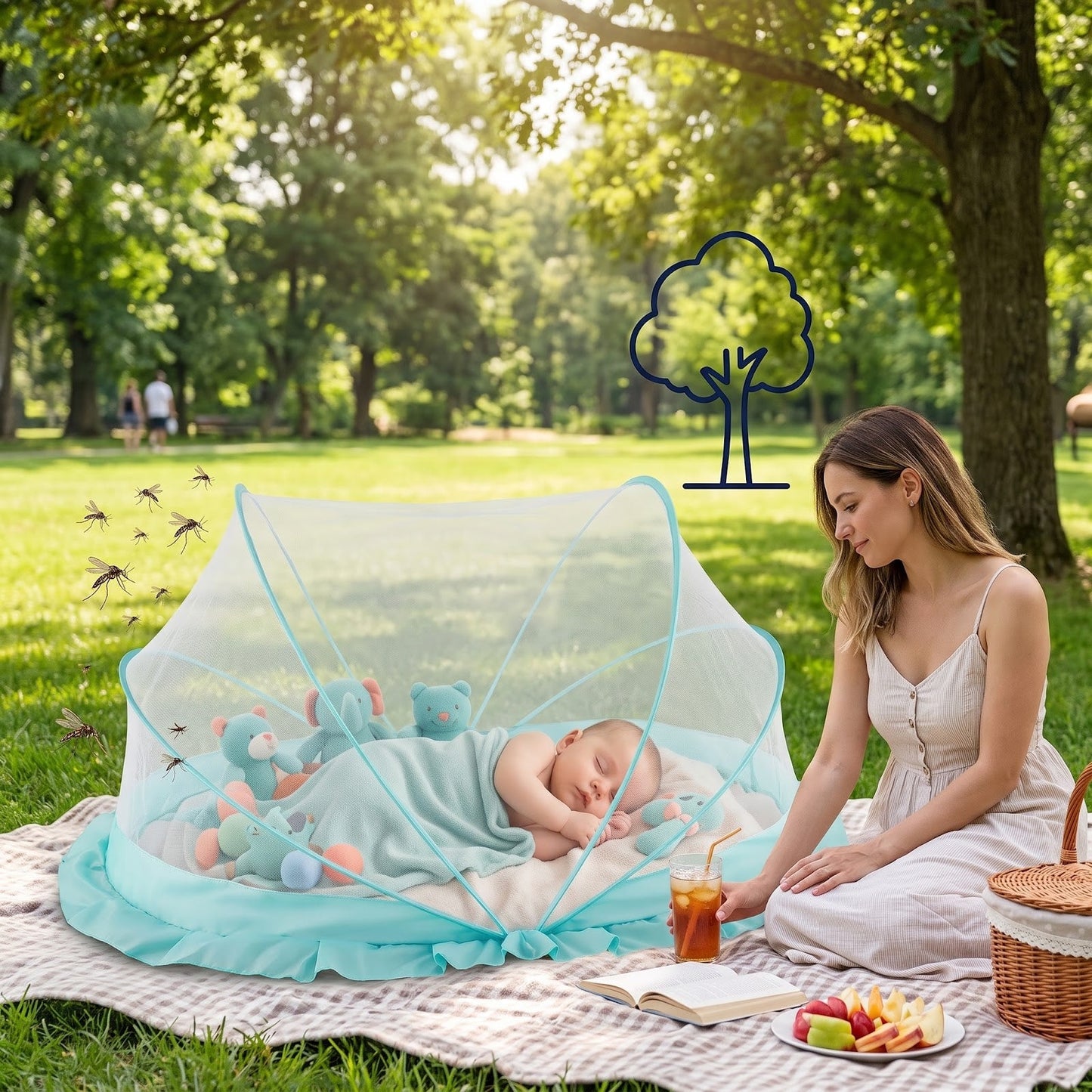 SleepSafe net in a park with mosquitoes kept outside the mesh