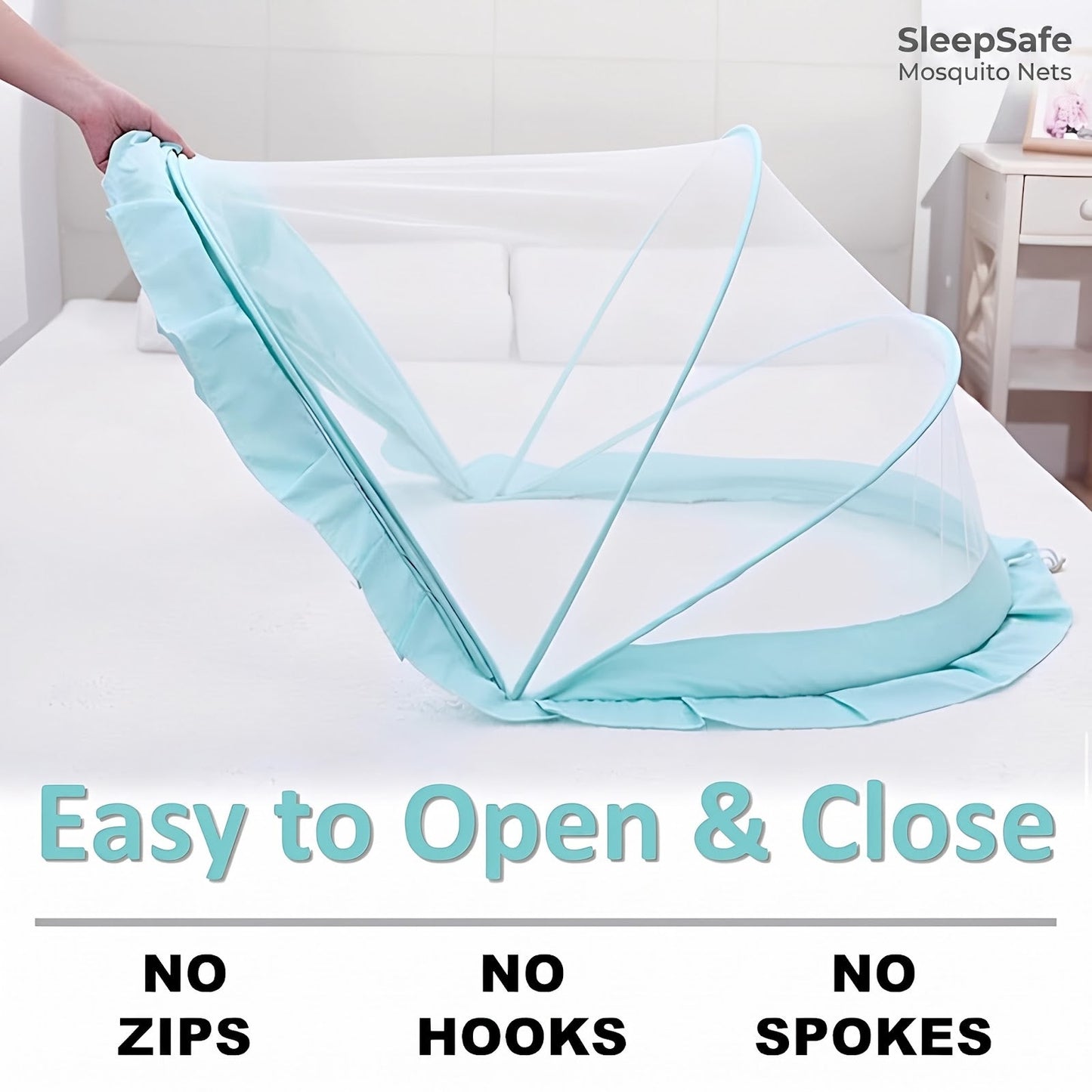 SleepSafe net on a bed with the mesh flap lifted for zip-free side entry