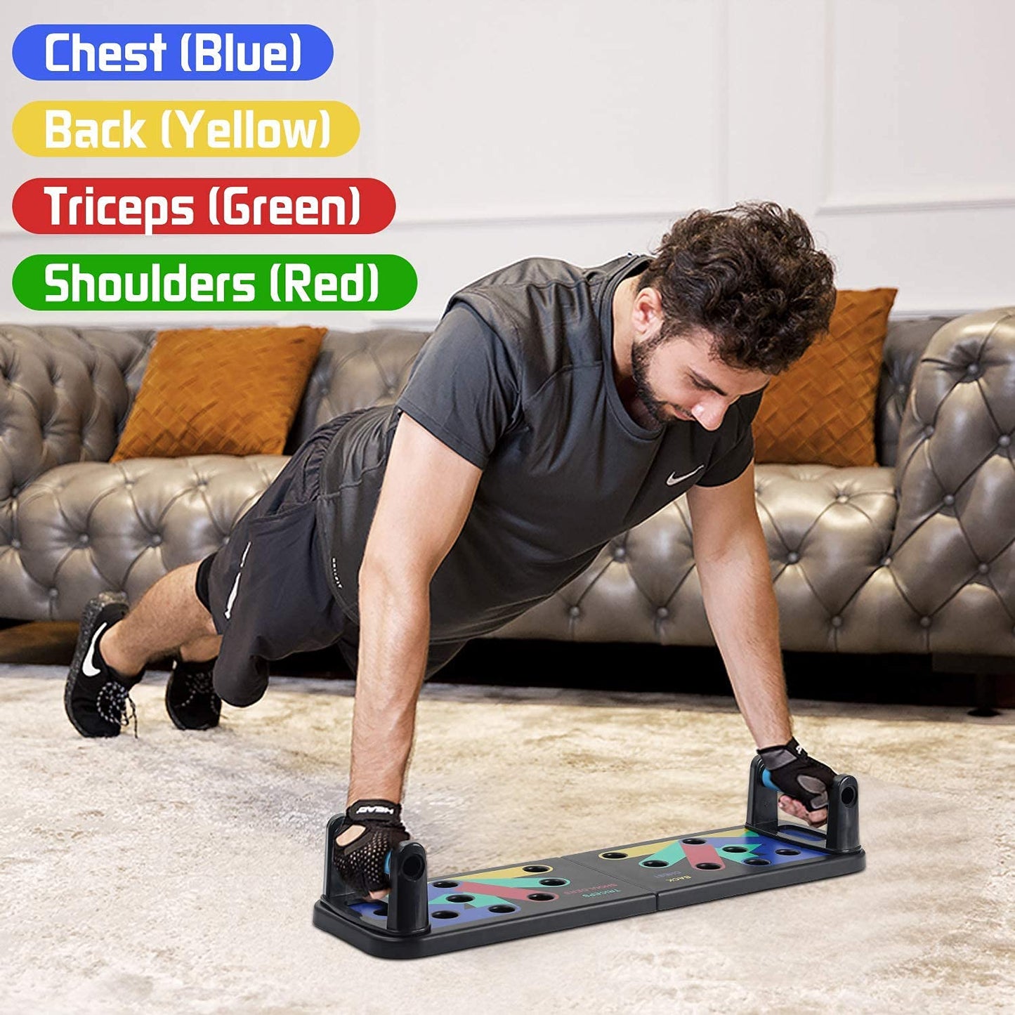 Man training at home on the push up board with the colour legend