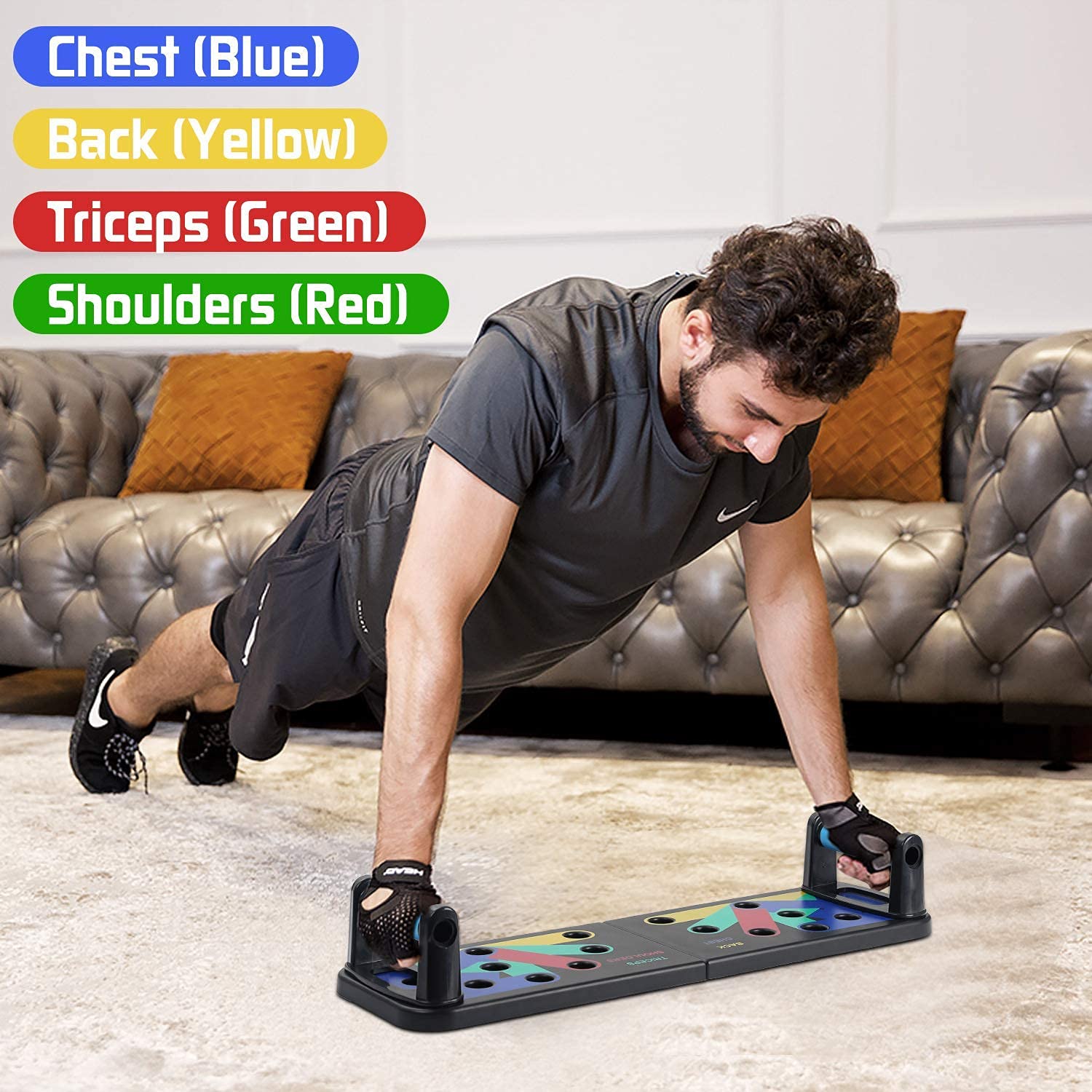 Man training at home on the push up board with the colour legend