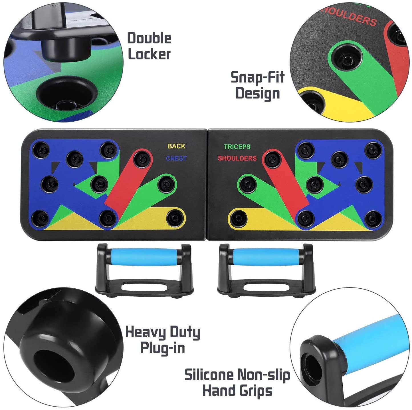Double lock system: snap-fit joint, heavy duty plug-in and silicone non-slip hand grips