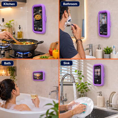 Waterproof shower phone holder mounted on bathroom tile